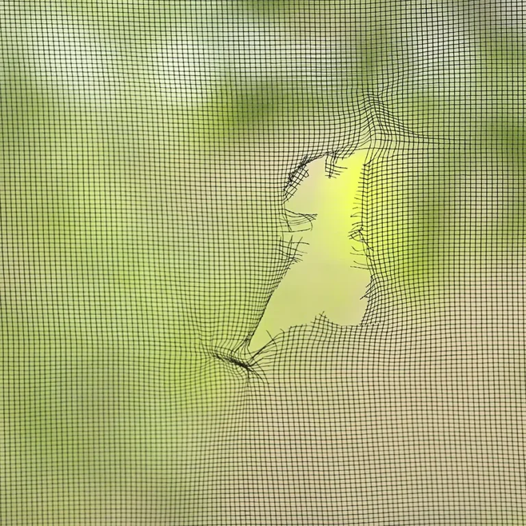 Close-up of a torn window screen. Get screen repair in Vancouver, WA.
